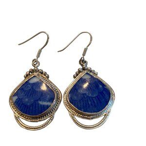 Sterling Silver Blue White porcelain oversized earrings dangling BOHO artisan